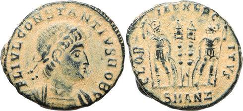Ancient Roman coin of Constantius II minted in Antioch - GLORIA EXERCITVS - desert patina